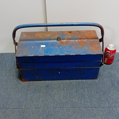 17 - Cantilever metal tool box in blue-painted steel, with swing handles and folding compartment trays, c... 