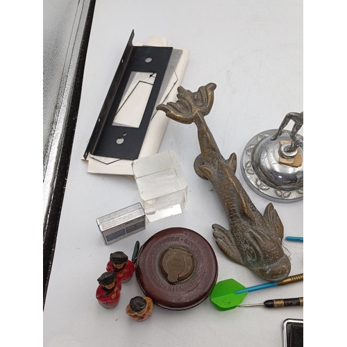 18 - A mixed group of small collectibles and desk accessories, including a cast-metal carp, figural candl... 