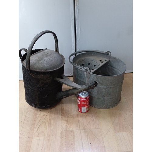 20 - A group of two garden watering vessels: a black-painted metal watering can with domed cover and hand... 