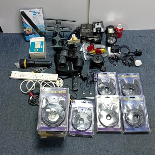 26 - A mixed group of consumer electronics and accessories including binoculars with carry case, TV aeria... 