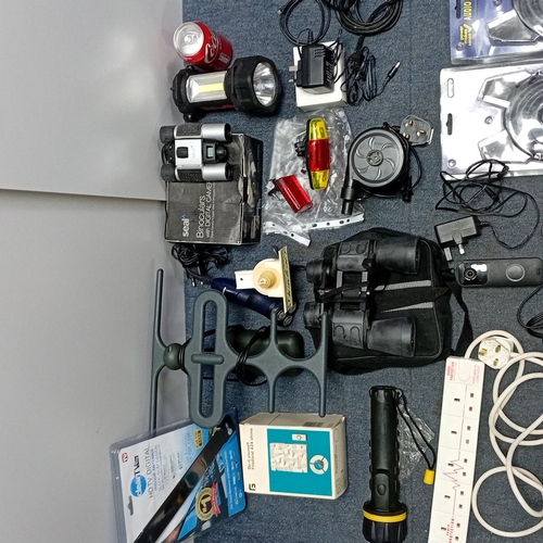 26 - A mixed group of consumer electronics and accessories including binoculars with carry case, TV aeria... 