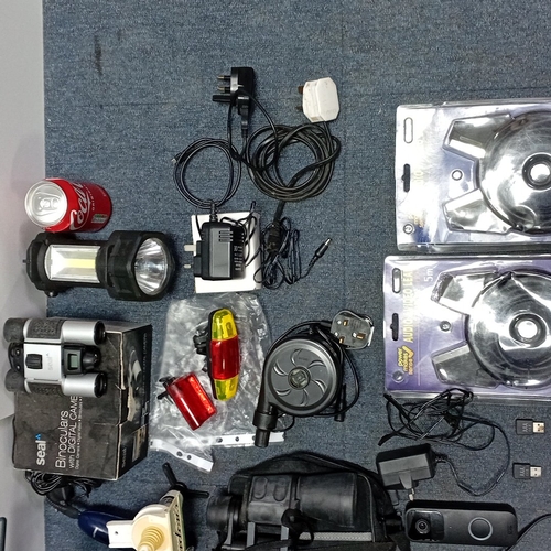 26 - A mixed group of consumer electronics and accessories including binoculars with carry case, TV aeria... 