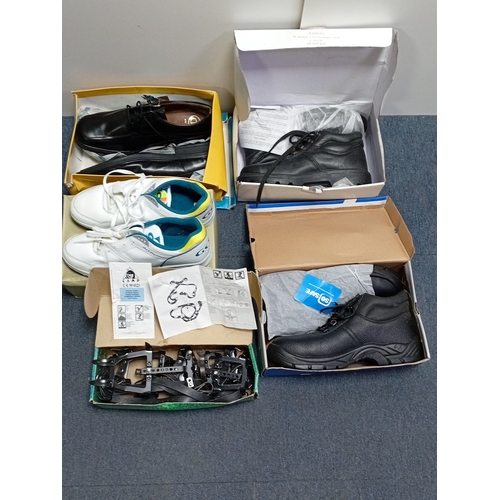 30 - An assortment of boxed footwear and outdoor equipment, including black leather lace-up shoes, black ... 