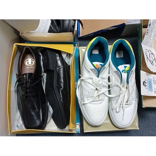 30 - An assortment of boxed footwear and outdoor equipment, including black leather lace-up shoes, black ... 