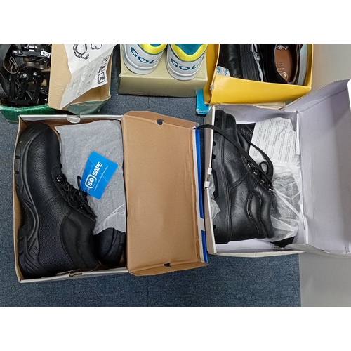 30 - An assortment of boxed footwear and outdoor equipment, including black leather lace-up shoes, black ... 