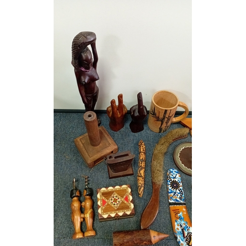 34 - A mixed lot of wood and metal curios, including carved figural sculpture, artist’s lay figures, deco... 