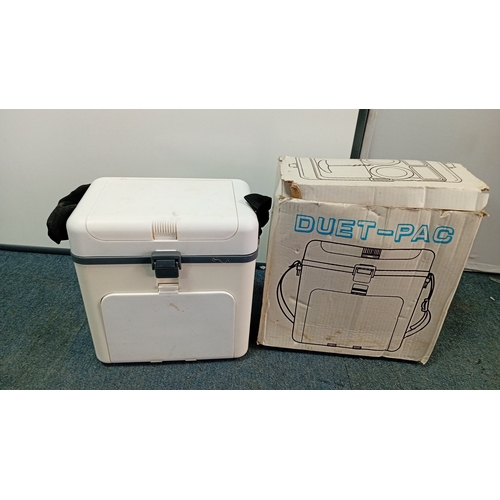 39 - DUET-PAC moulded plastic picnic hamper with shoulder strap; fitted with lidded compartment and lift-... 