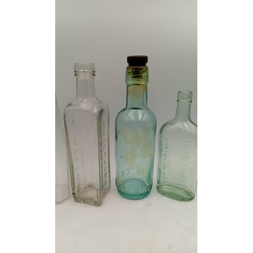 41 - A group of embossed glass bottles in aqua and clear, including stout, medicinal and rectangular form... 