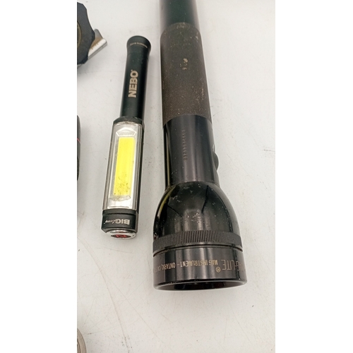 43 - A group of optical and lighting equipment, including a Mag-Lite torch, Neo inspection lamp, compact ... 