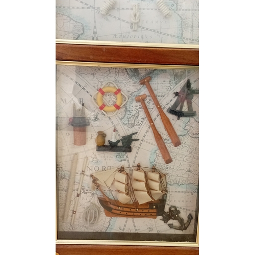 44 - Modern wall clock with applied maritime shadowbox panel beneath, both set against a printed chart ba... 