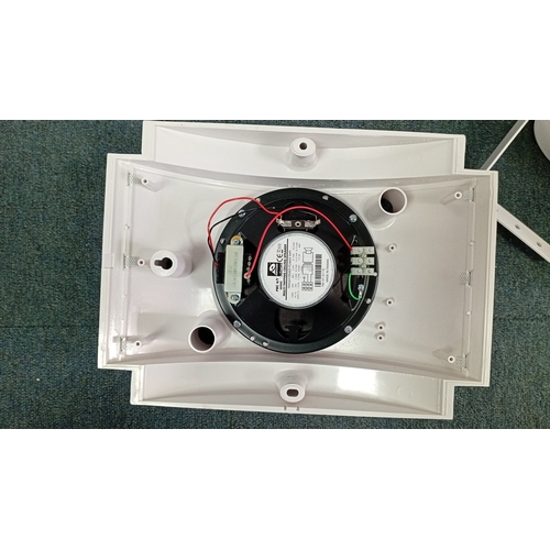 92 - A group of white installation loudspeakers comprising a CIE SP20T8 sound projection speaker with adj... 