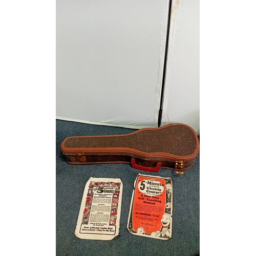 69 - A group of fretted instruments comprising a Harmony soprano ukulele with sunburst finish, a banjo-uk... 