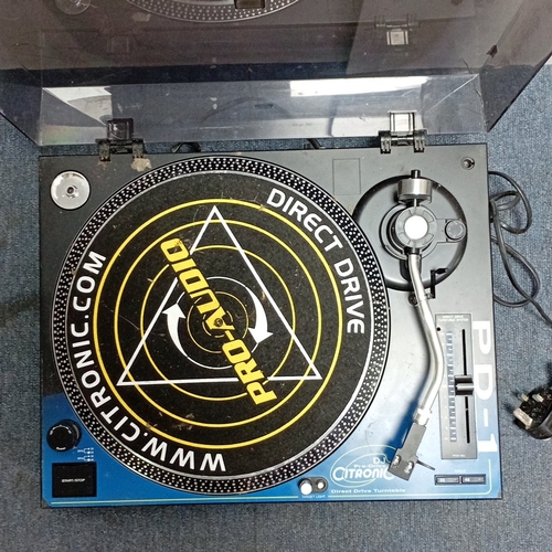 72 - Citronic PD-1 direct-drive turntable with hinged smoked dust cover, S-shaped tonearm, pitch control ... 