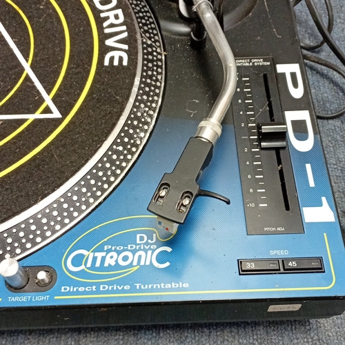72 - Citronic PD-1 direct-drive turntable with hinged smoked dust cover, S-shaped tonearm, pitch control ... 