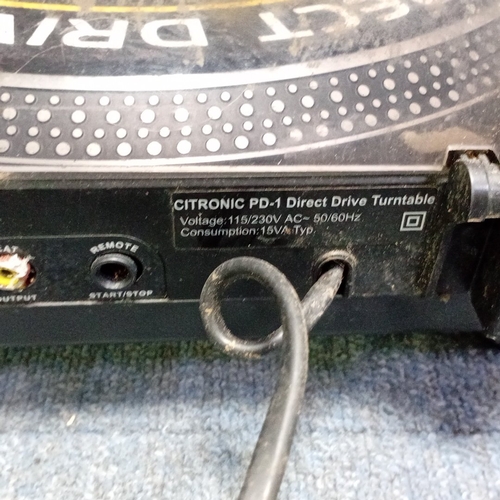 72 - Citronic PD-1 direct-drive turntable with hinged smoked dust cover, S-shaped tonearm, pitch control ... 