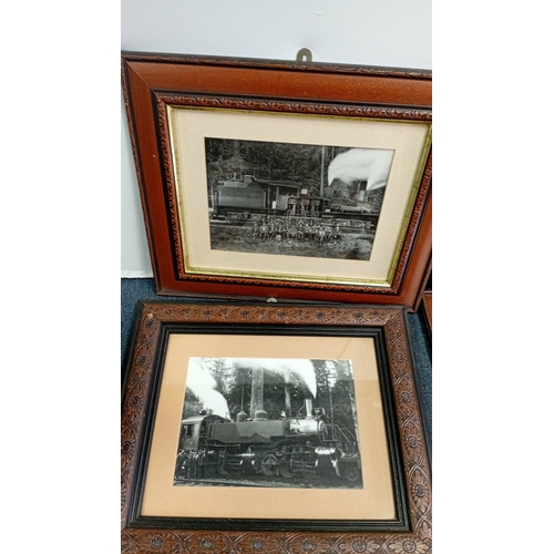 100 - A group of framed black-and-white photographic prints depicting steam locomotives and railway scenes... 