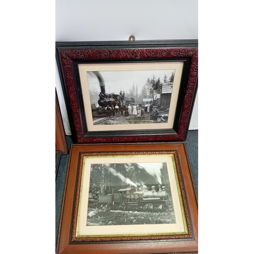 100 - A group of framed black-and-white photographic prints depicting steam locomotives and railway scenes... 