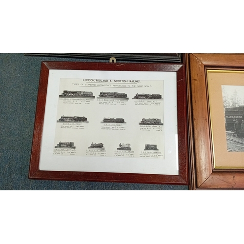 100 - A group of framed black-and-white photographic prints depicting steam locomotives and railway scenes... 