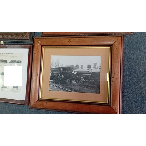 100 - A group of framed black-and-white photographic prints depicting steam locomotives and railway scenes... 