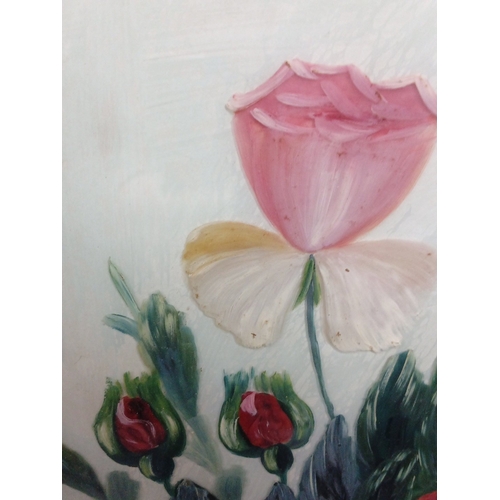 101 - Still life painting on glass depicting roses and foliage, in a stained hardwood frame with gilt inne... 
