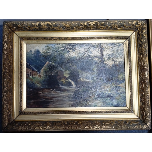 108 - A group of three framed works: an oil landscape with cottage and stream, The Old Mill by John Cairne... 