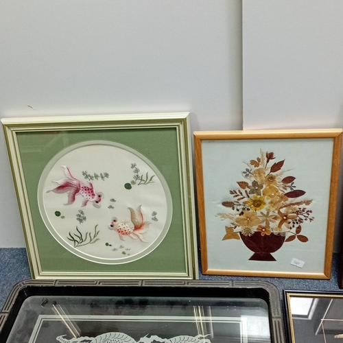 112 - A group of framed decorative works and objects including Chinese-style leaf painting with calligraph... 