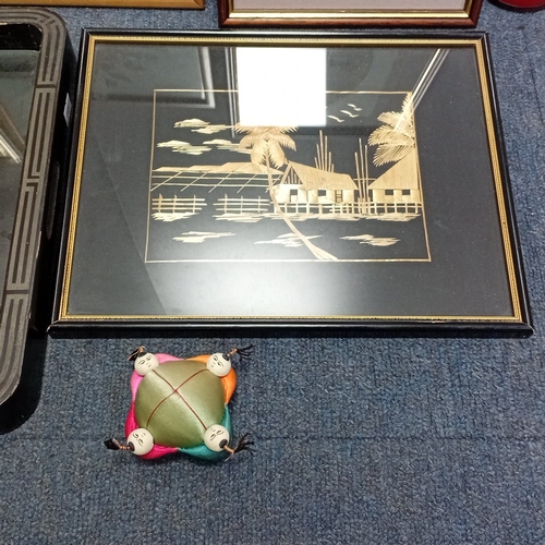 112 - A group of framed decorative works and objects including Chinese-style leaf painting with calligraph... 