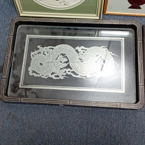 112 - A group of framed decorative works and objects including Chinese-style leaf painting with calligraph... 