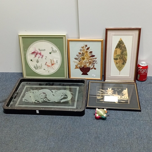 112 - A group of framed decorative works and objects including Chinese-style leaf painting with calligraph... 