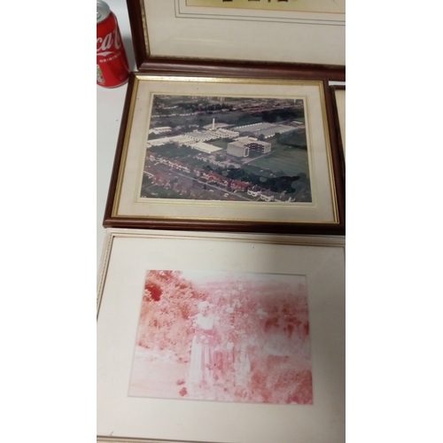 113 - A quantity of framed works on paper including sepia-toned architectural views, an aerial photographi... 