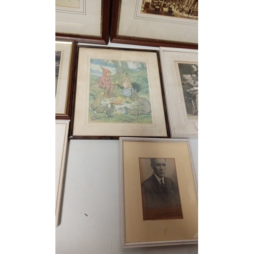 113 - A quantity of framed works on paper including sepia-toned architectural views, an aerial photographi... 