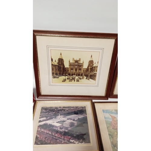 113 - A quantity of framed works on paper including sepia-toned architectural views, an aerial photographi... 