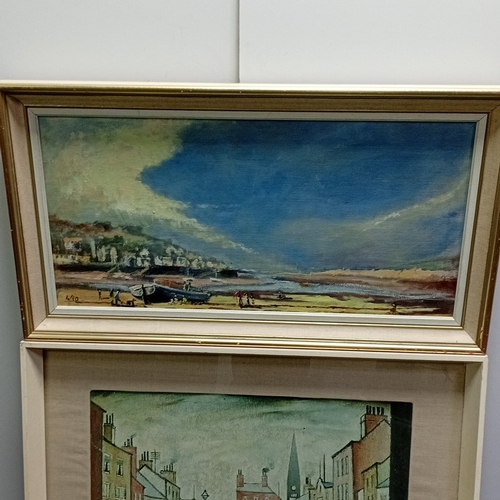 115 - Two framed works: a coastal landscape oil on canvas, signed lower left, and a naive town-street scen... 