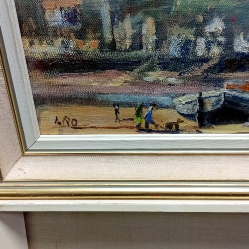 115 - Two framed works: a coastal landscape oil on canvas, signed lower left, and a naive town-street scen... 
