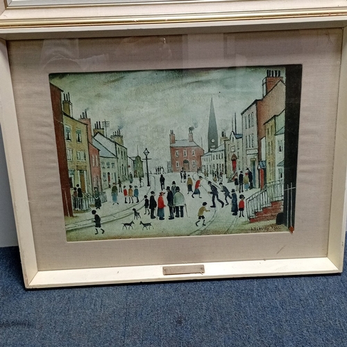 115 - Two framed works: a coastal landscape oil on canvas, signed lower left, and a naive town-street scen... 