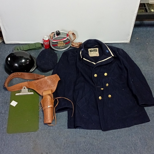 61 - An assortment of vintage-style accessories including a navy wool double-breasted pea coat, a black r... 