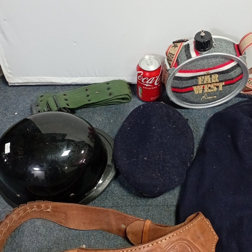 61 - An assortment of vintage-style accessories including a navy wool double-breasted pea coat, a black r... 