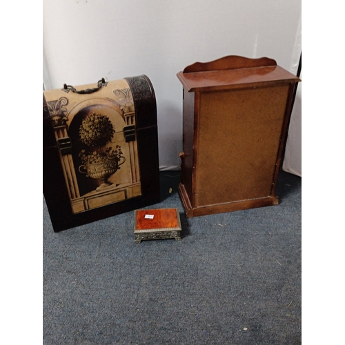 72 - A group of decorative caskets comprising a painted wooden wine carrier with hinged cover and compart... 