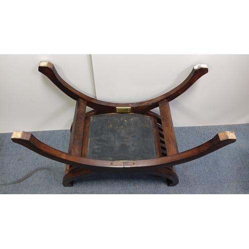 119 - A vintage curved mahogany bench, the bowed ends with arched slatwork rising to cylindrical crest rai... 