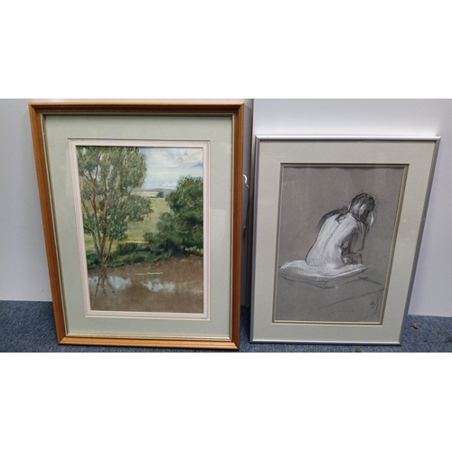 100 - A pair of framed works on paper: an acrylic landscape with trees and distant horizon; and a charcoal... 