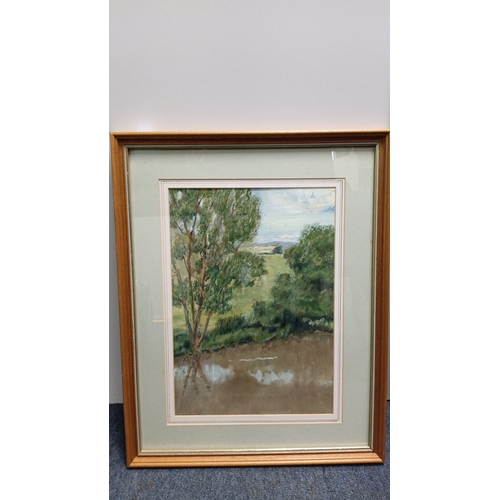 100 - A pair of framed works on paper: an acrylic landscape with trees and distant horizon; and a charcoal... 