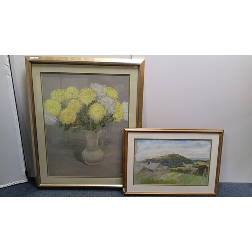101 - A group of framed works on paper, comprising a still life of yellow and white chrysanthemums in a ju... 