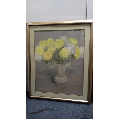 101 - A group of framed works on paper, comprising a still life of yellow and white chrysanthemums in a ju... 