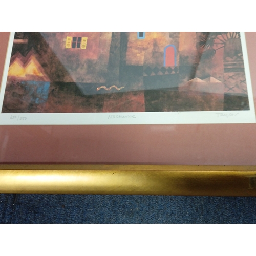 102 - A pair of modern colour prints after Paul Klee—stylised nocturnal townscapes beneath stars and cresc... 