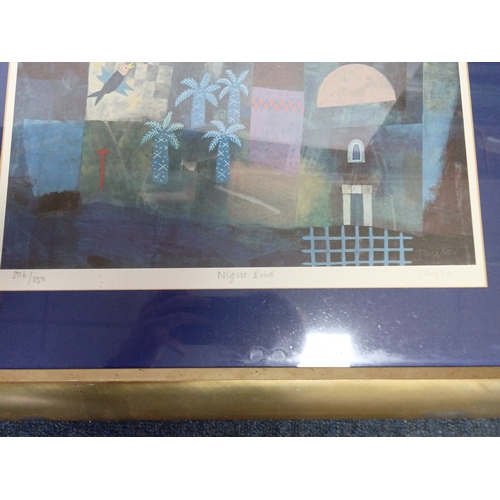 102 - A pair of modern colour prints after Paul Klee—stylised nocturnal townscapes beneath stars and cresc... 