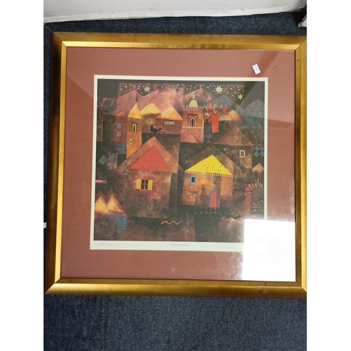 102 - A pair of modern colour prints after Paul Klee—stylised nocturnal townscapes beneath stars and cresc... 