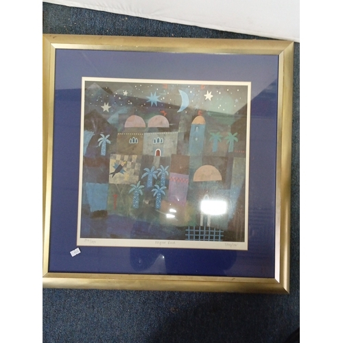 102 - A pair of modern colour prints after Paul Klee—stylised nocturnal townscapes beneath stars and cresc... 
