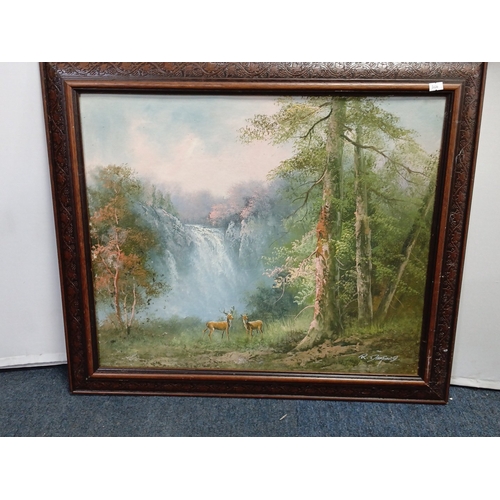 103 - Oil on board—woodland waterfall landscape signed R. Dandford, with two deer in the foreground, signe... 