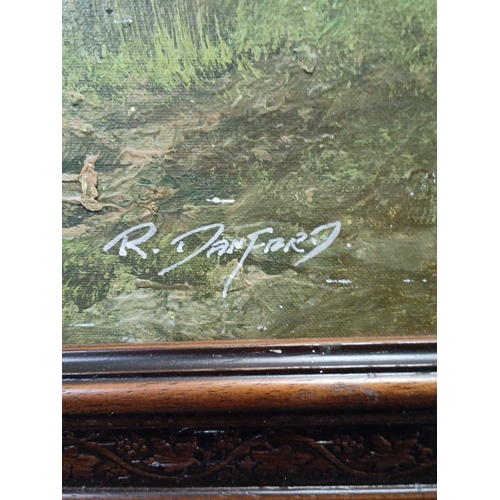 103 - Oil on board—woodland waterfall landscape signed R. Dandford, with two deer in the foreground, signe... 