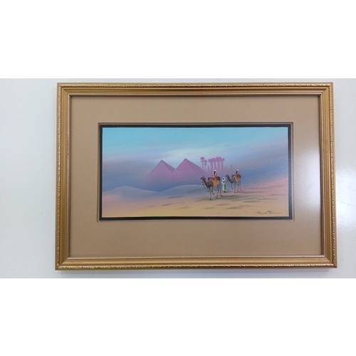 104 - A group of two framed original gouache paintings by Frank Holmes depicting stylised Arabic desert sc... 